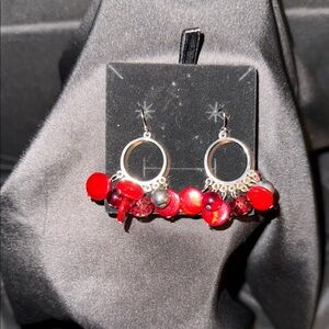 Bohemian Red and Silver Coral Hoop Earrings